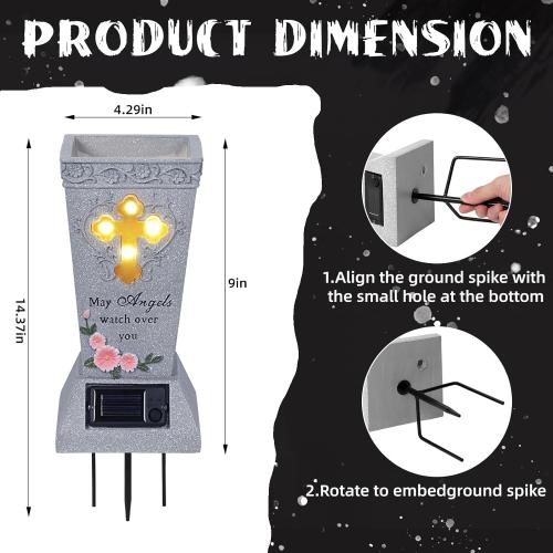 DAMEING Cemetery Vase for Grave, Cemetery Decorations for Grave, Solar Lights Cross Grave Flower Vases for Cemetery, Tomb Decoration Memorial Gift for Lost Loved One