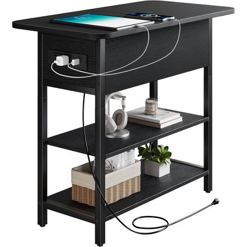 Yoobure End Table with Charging Station, Flip Top Side Table with USB Ports and Outlets, Sofa Couch Table Bedside Table for Living Room Bedroom, Narrow Nightstand with Storage Shelves for Small Space