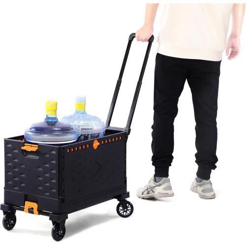 Collapsible Crate Folding Hand Truck Set -No Assembly Required-Teacher Collapsible Rolling Cart with Wheels,Shopping Cart for Groceries,Crate On Wheels and Tote Basket,Mobile Storage for File, Book