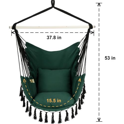 Y- STOP Hammock Chair Hanging Rope Swing, Max 500 Lbs, 2 Cushions Included, Large Macrame Hanging Chair with Pocket for Superior Comfort, with Hardware Kit, Green