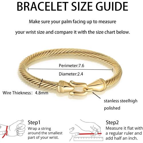 Stainless steel twisted wire bracelet with hook and loop, Twisted Cable Stylish Fine Stainless Steel Cable Cuff Bracelet with Hook Clasp Bracelets Jewelry for Women, Fashionable Roman numeral bracelet suitable for women(Gold)