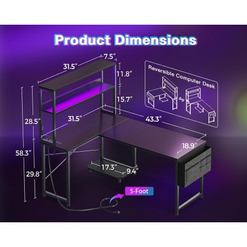 AODK L Shaped Desk Gaming Desk with LED Light & Power Outlet, 43 Inch Reversible L Shaped Computer Table with Shelf, Corner Desk with Storage Bag&Hook for Home Office Desk, Black