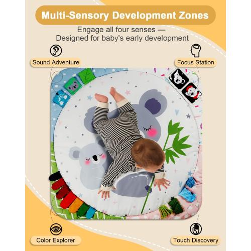 Baby Play Gym with 4 Developmental Zones – Tummy Time Mat & Activity Mat with 6 Sensory Toys, Visual Cards & Pillow – Baby Essentials & Ideal Gift for Newborns