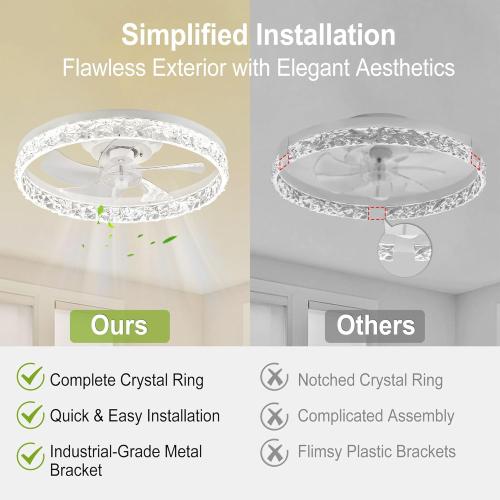 DAMINY 20inch White Ceiling Fans with Lights and Remote, 6CCT, Dimmable Smart Low Profile Ceiling Fan with Light, 6 Speeds Flush Mount Modern Bladeless Ceiling Fan for Bedroom