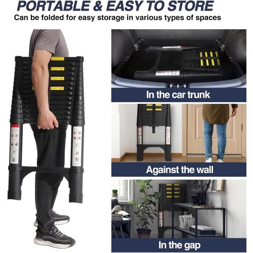 BOCOM 14.5 FT Aluminum Telescoping Ladder, Lightweight Multi-Purpose Collapsible Extension with 2 Triangle Stabilizers, Heavy Duty 330 lbs Max Capacity, Ideal for Home, RV, and Outdoor Work Black