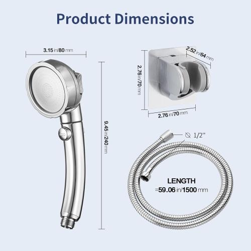 HANLIAN High Pressure Shower Head with Pause Button, 3 Spray Modes Shower Head for RV Camper, Water Saving On Off Shower, Handheld Shower Head with Hose and Adjustable Self-adhesive Holder (Chrome)
