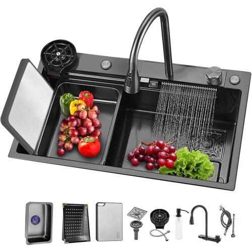 Kitchen Sink 27' Waterfall Stainless Steel Kitchen Sink with Pull-Faucet Single Bowl Bar sinks Adjustable temp 27x18 inches Sinks