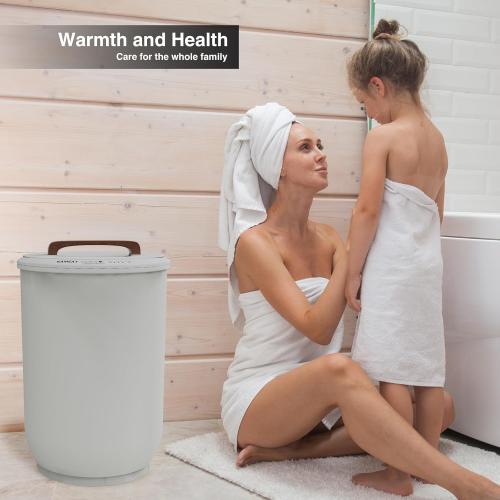 SAMEAT Heated Towel Warmers for Bathroom - Large Towel Warmer Bucket, Wood Handle, Auto Shut Off, Fits Up to Two 40X70 Oversized Towels, Gray