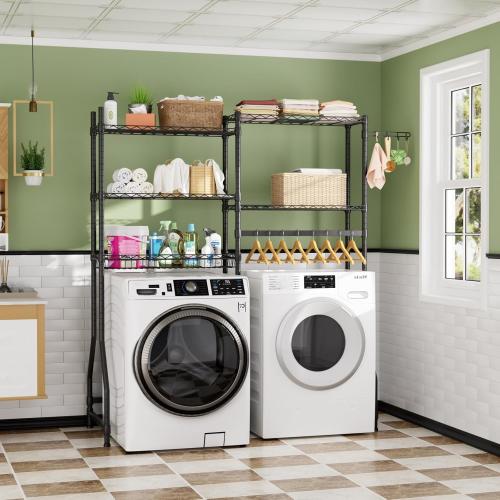 Golpart Over Washer and Dryer Shelves,Heavy Duty Laundry Room Storage Organization Clothes Drying Rack,5 Tier Adjustable Height Wire Shelving and Wire Basket with Hanger Rod&Hook,Space Saving Shelf | Heavy Duty, Clothes Drying Rack, Adjustable Height, Han