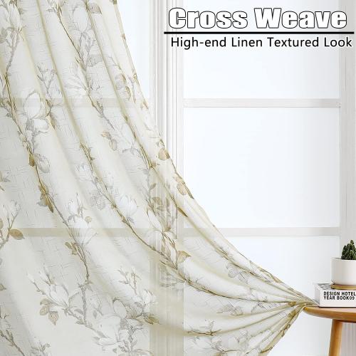 SMILE WEAVER Nature Yellow Sheer Curtains 54 inch Length for Living Room,Light Filtering Curtain 2 Panels,Voile Linen Textured Semi Sheer Floral Curtains for Bedroom/Kitchen Window Drapes