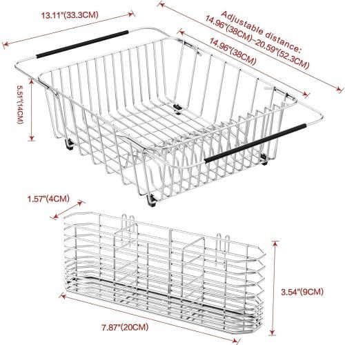 Large Sink Dish Drying Rack, Expandable 304 Stainless Steel Metal Dish Drainer Rack Organizer Shelves with Stainless Steel Utensil Holder Over Inside Sink, Rustproof