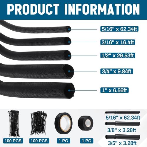 Nuanchu Split Wire Loom Sleeve Master Kit Complete Vehicle Cord and Hose Protection from Pets No Chew Include Split Sleeve Fabric Heat Shrink Tubing Silicone Tape Locking Ties Electrical Tape