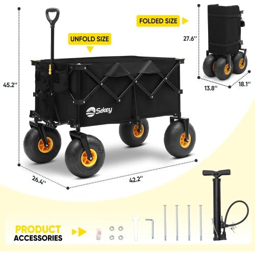 Heavy Duty Beach Wagon with 9 Big Sand-Proof Wheels – 440lb Capacity, Sekey 200L Oversized Foldable Cart | Adjustable Handle & All-Terrain Tires for Sand, Camping, Groceries. Black