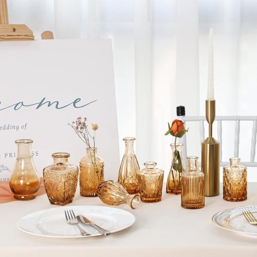CUCUMI 14pcs Glass Bud Vase Set, Small Amber Vases for Centerpieces in Bulk, Vintage Glass Flower Vases for Wedding Home Table Party Decor