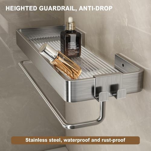 VOLPONE Stainless Steel Wall Mounted Bathroom Shelves - 2-Tier Floating Shelf with Removable Hooks (Brushed Nickel)