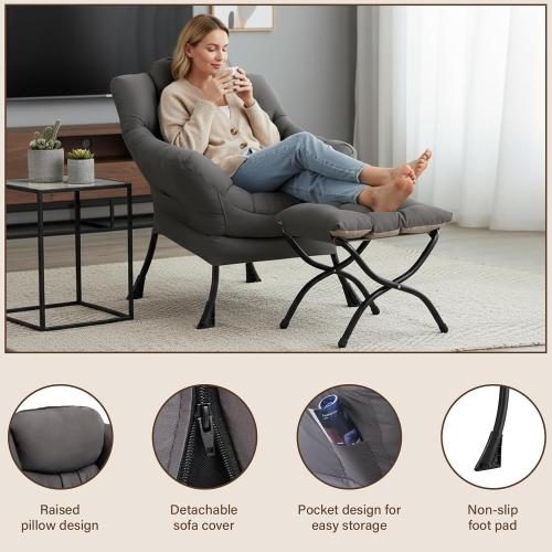 Welnow Lazy Chair with Ottoman, Reading Chair with Footrest,Dark Grey | A Side Pocket,Armrests,Foldable Footrest,Thick Cushioned Seat & Backrest, Lounge Chair for Bedroom,Living Room & Small Space