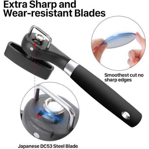 Can Opener, Safe Side Cut Manual Can Opener with Durable Sharp Blade, Smooth Edge Cutting, Effortless Big Knob, Comfortable Grip Handle, Black