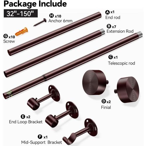 YaFex Heavy Duty Curtain Rods 32-150 Inch, 1 Inch Adjustable Bronze Curtain Rod for Windows, Extra Long Window Treatment Rods with Aluminium Finials, Easy Installation