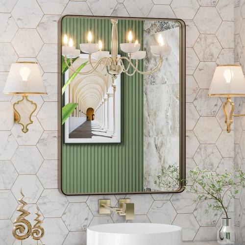 LOAAO 20”X30” Bronze Bathroom Mirrors for Vanity, Rounded Rectangle Brushed Bronze Metal Frame Mirror, Anti-Rust, Hangs Horizontally or Vertically