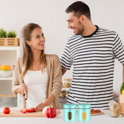 6 Pack Kitchen Canisters Set 20 oz Airtight Stainless Steel Canister Food Storage Container with Window Glass, Coffee Sugar Candy Jars Tea Organizer for Flour Cookies Spices Grains Kitchen(Turquoise)