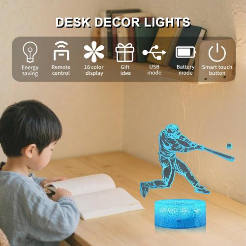 Baseball Gifts for Boys 8-12 3D Lamp Night Light with Remote & Touch Control, 16 Colors Changing   4 Changing Mode Brightness Room Decor Christmas Birthday Gifts for Kids Boys Girls Sport Fans