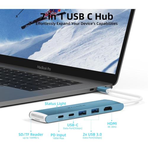 ‼️Starlight Color‼️WALNEW 7 in 1 USB-C Hub with 4K HDMI,100W PD,5Gbps Data Port(1 Type-C & 2 USB 3.0),SD/TF Reader, Thunderbolt 4 Dock Multiport Adapter for MacBook Pro Air,Mac,iPad 10/Mini 6,Surface