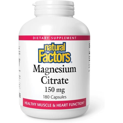 Natural Factors, Magnesium Citrate 150 mg, Muscle and Heart Health Formula, 180 Capsules