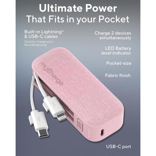 myCharge PowerHub Mini Portable Charger for iPhone - 3000mAh & Built in Cables (Lightning, Type C) 12W Turbo USB C Power Bank Fast Charging Battery Pack (Pink)
