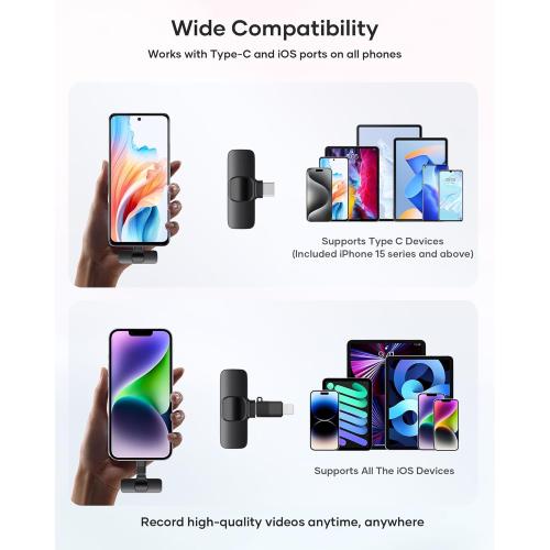 2 Pack Wireless Lavalier Microphone for iPhone iPad and Android Phone, Lapel Mic Plug and Play Wireless Mic Noise Reduction Mini Microphone for Video Recording Interview Podcast Vlog YouTube Tiktok