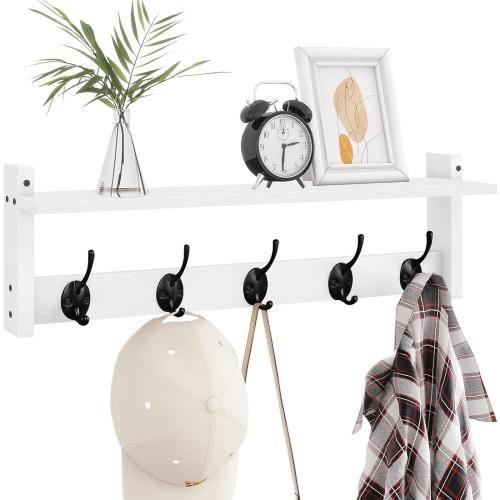 Homode Coat Rack with Wall Shelf and Hooks - 24 Inch Long, Wooden Hanging Coat Hanger with Hat Shelf for Entryway, Bathroom, Mudroom, White