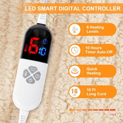 Heated Blanket Full Size 72X84 Beige - Soft Double Sided Sherpa Electric Blanket Full Size with LED Display, 6 Heating Levels & 10 hrs Timer, Machine Washable & Fast Heating, Gift for Women