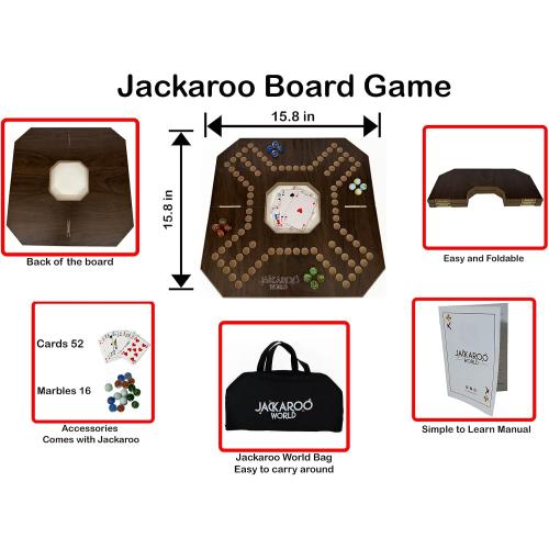 Jackaroo Board Game, 2-4 Player Marble Strategy Game, Solid Wooden Game with 16 Glass Marbles and 52 Cards, Marble Chase Game, Jokers and Marbles Board Game, Foldable Board with Carry Bag (Walnut)