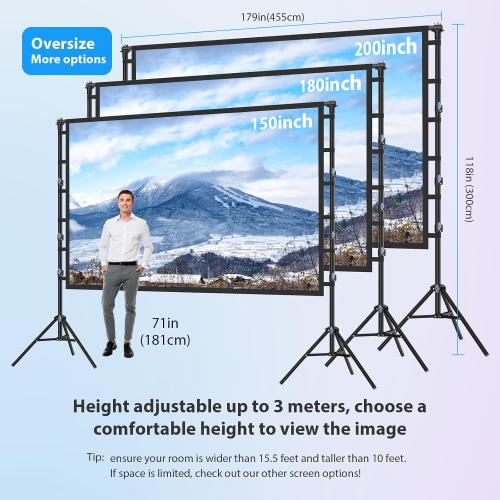 200 Inch Projector Screen with Stand: VOOPVOR 16ft Portable Large Projection Screen and Stand Outdoor - Front/Rear Movie Screen Indoor 16:9 4K HD - Wrinkle-Free & Carry Bag for Backyard Cinema