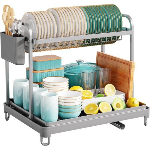 2-Tier Dish Drying Rack - Stainless Steel Dish Rack with Cutlery & Utensil Holders for Kitchen Counter, Sink Organization and Storage for Small Family, 16.7 W x 12.7 L x 15.8 H,**** Gray****