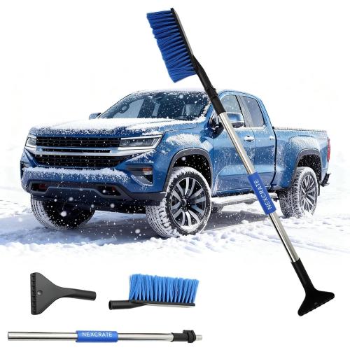 Extra Long Telescoping Car Snow Brush & Ice Scraper - Adjustable 35.2 to 51.57 Handle, Wide Bristles for SUV & Truck Windshields (Blue)
