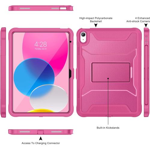 Soke Case for iPad (A16) 11th Generation 11-inch 2025, iPad 10th Generation 10.9-inch 2022, with Built-in Screen Protector and Kickstand, Rugged Full Body Protective Cover - Hot Pink