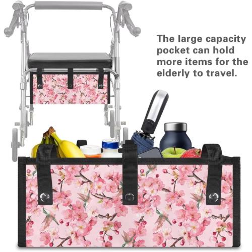 Walker Basket Under Seat Rollator Storage Bag, Reusable Basket for Walkers for Seniors Detachable Folding Walker Accessories- Bird Flowers