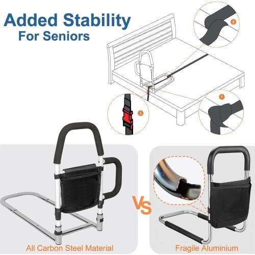 Bed Rails for Elderly Adults Safety with Storage Pocket, Assist Rail with Dual Grab Bars for Easily Getting in & Out of Bed, Bed Rail Fits King, Queen, Full, Twin Bed,Support Up to 300lbs