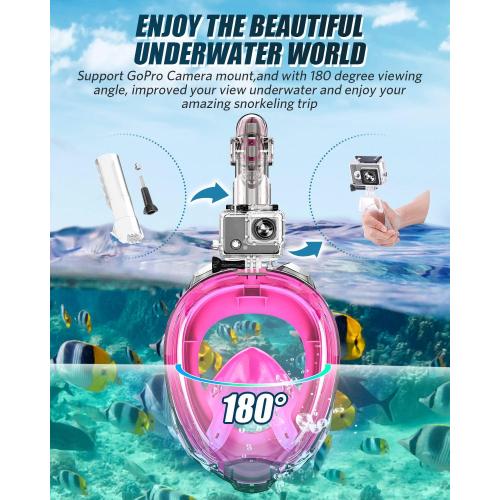 Full Face Snorkel Mask for Adults, Snorkeling Gear with Camera Mount, 180 Degree Panoramic View Snorkel Set Anti-Fog Anti-Leak