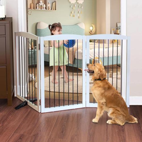 White Foldable Wooden Freestanding Dog Gate - 32 H, 3 Panels, Stairs/Doorways, Support Feet Included, White
