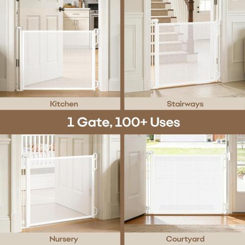 Retractable Safety Baby Gate or Mesh Dog Gate,Durable Portable Mesh Retractable Gate,Easy to Use for Stairs, Doorways, Hallways, Indoor, Outdoor, 33.5 Tall, Extends to 55 Wide,White