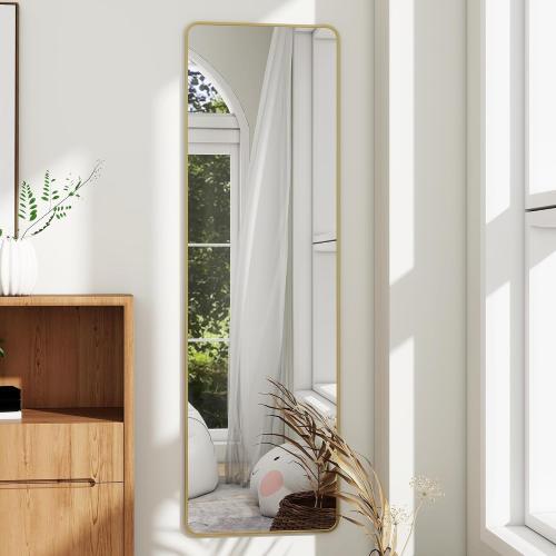 Full Length Door Mirror 14x48, Metal Frame with Protective Film, No-Drilling Hanging or Wall Mount (Horizontal/Vertical), Hooks & Hardware Included, Full Body Mirror for Bedroom, Dorm, Gold