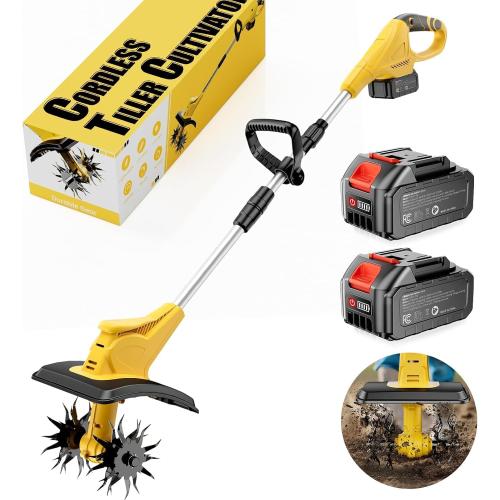 21V Cordless Tiller Cultivator, 360 Max RPM Cordless Electric Garden Tiller with 2 * 3.0 Ah Battery & Fast Charger, 9.06 Tilling Width, 6.3 Depth, Portable Rotary Tiller for Lawn Soil Cultivation