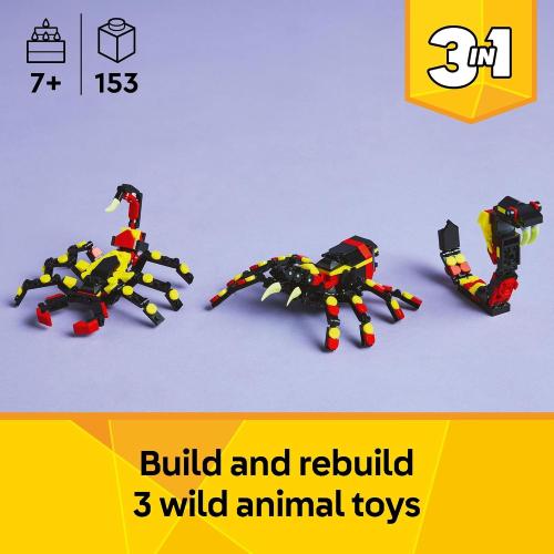 LEGO Creator 3 in 1 Wild Animals Surprising Spider Toy - Building Toy with 3 Build Options, Spider, Scorpion, or Snake - Animal Figures for Kids, Boys & Girls, Ages 7  - Gift Idea for Birthday - 31159
