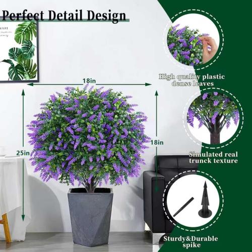 Artificial Lavender Topiary Ball Trees, 2 Set of UV Resistant Fake Evergreen Shrubs Bushes Plants with Ground Spike, Fake Plants for Outdoor Indoor Front Porch Garden