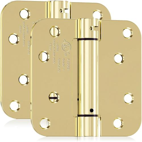2 Pack Self Closing Door Hinges, 4 Inch Spring Loaded Door Hinges for Garage, Front, Back Door, Left/Right Hand, Adjustable Tension, 5/8'' Radius Corners, UL Listed, Gloden