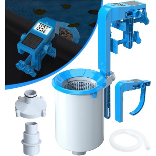 DeeprClean Above Ground Pool Skimmer with Backlit Solar Digital Thermometer | Wall Mount Surface Skimmer with Adjustable Height Bracket, Auto Skimming for Pool Surface Floating Leaves & Debris -Blue