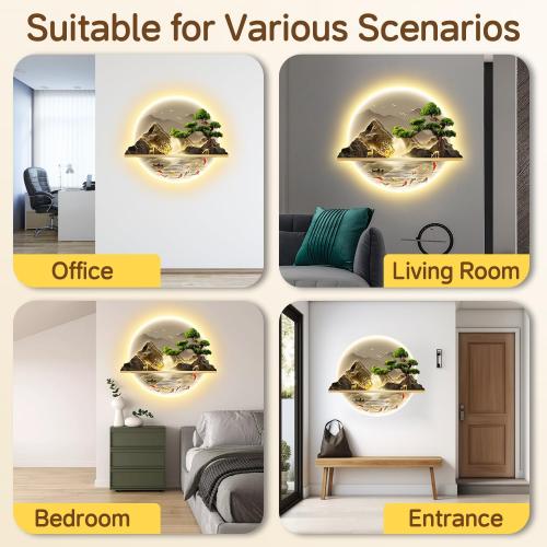 Zen LED Wall Art, Fish Wall Painting Decor with Led Light, Welcoming Pine Wall Decor Art, 3D Landscape Wall Sculpture Decoration, for Living Room Bedroom Office Entrance (B, 60×72cm)