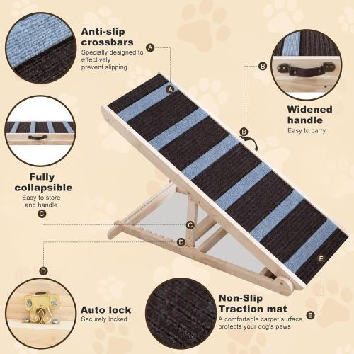 Dog Ramp for Bed, Dog Bed Ramp Grey, Dog Ramp for Car Rugged, Pet Ramp for Bed, Folding Portable Wooden Pet Ramps, for Small & Large Dogs & Cats