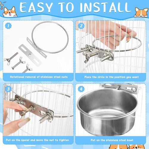 Zubebe Stainless Steel Hanging Dog Crate Bowls, Non-Spill Kennel Food Water Bowls with Screw Clamp Attach Holders, Removable Mountable Metal Cage Feeder for Pet(19 oz)